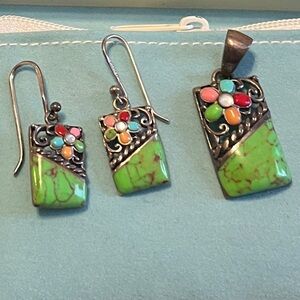 Floral Green and Multicolor Sterling Silver Pendant and Earrings Set